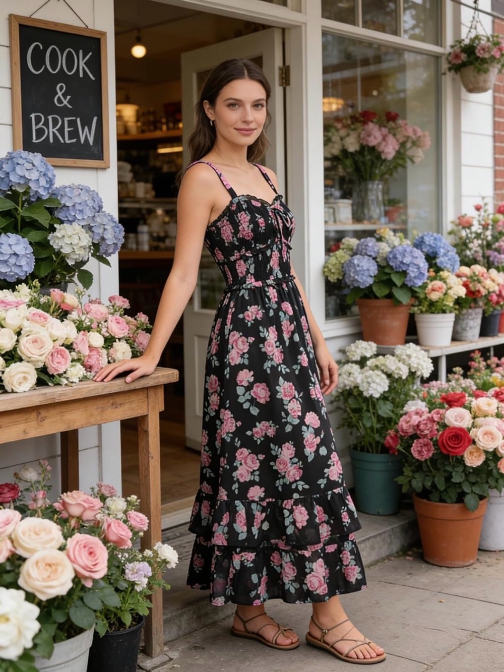 Floral Smocked Maxi Dress in Black & Pink